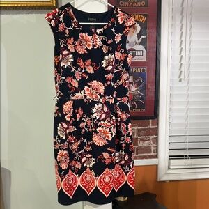 Enfocus Studio Navy Midi Dress with Red and Cream Floral Border